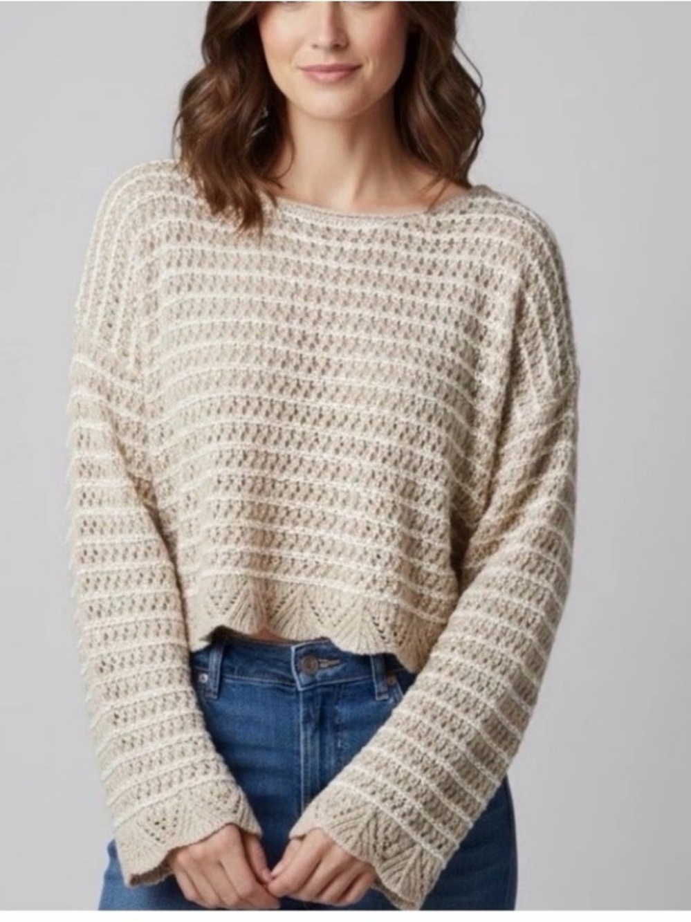 American Eagle Ballet Neck Open Knit Oversized Sweater Women's Large Beige